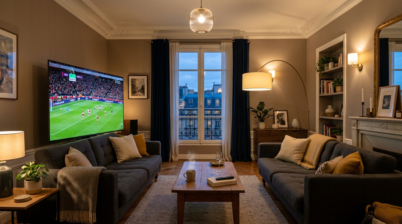 Salon moderne européen avec téléviseur 4K diffusant via EURO IPTV