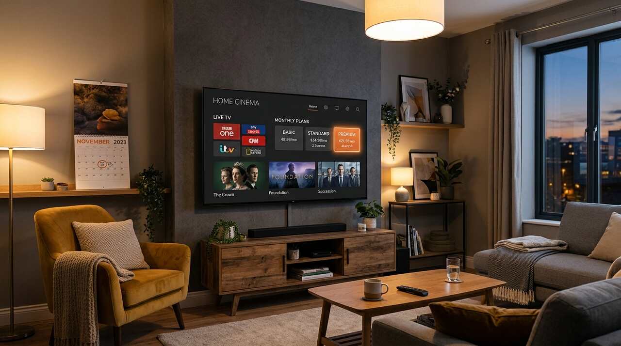Salon moderne avec téléviseur 4K affichant une interface d'abonnement IPTV 1 mois sans engagement