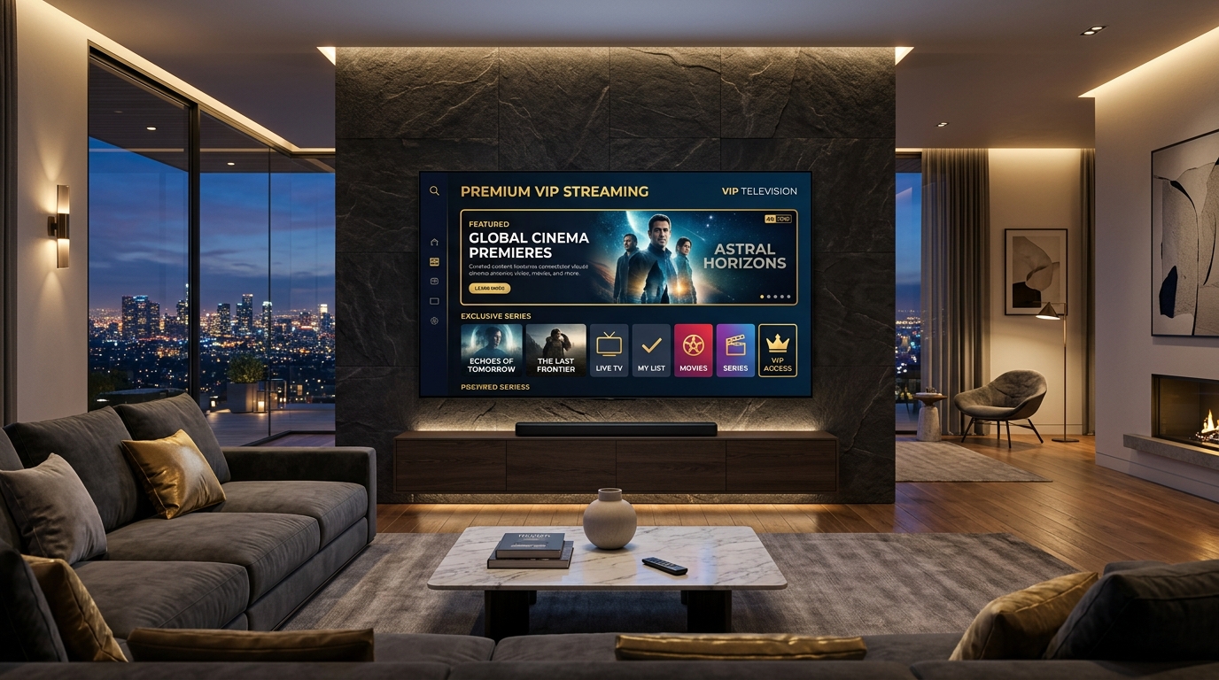 Salon moderne avec téléviseur 4K diffusant un flux VIP IPTV